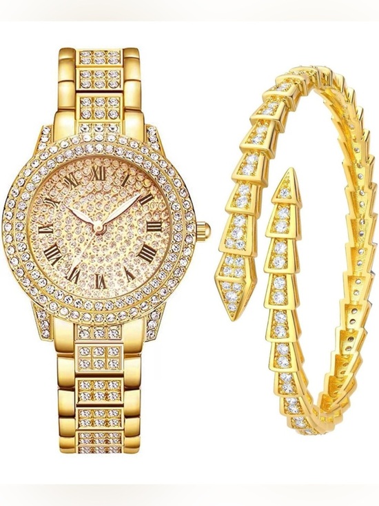 Gold Crystal Pavé Watch and Cuff Bracelet Set